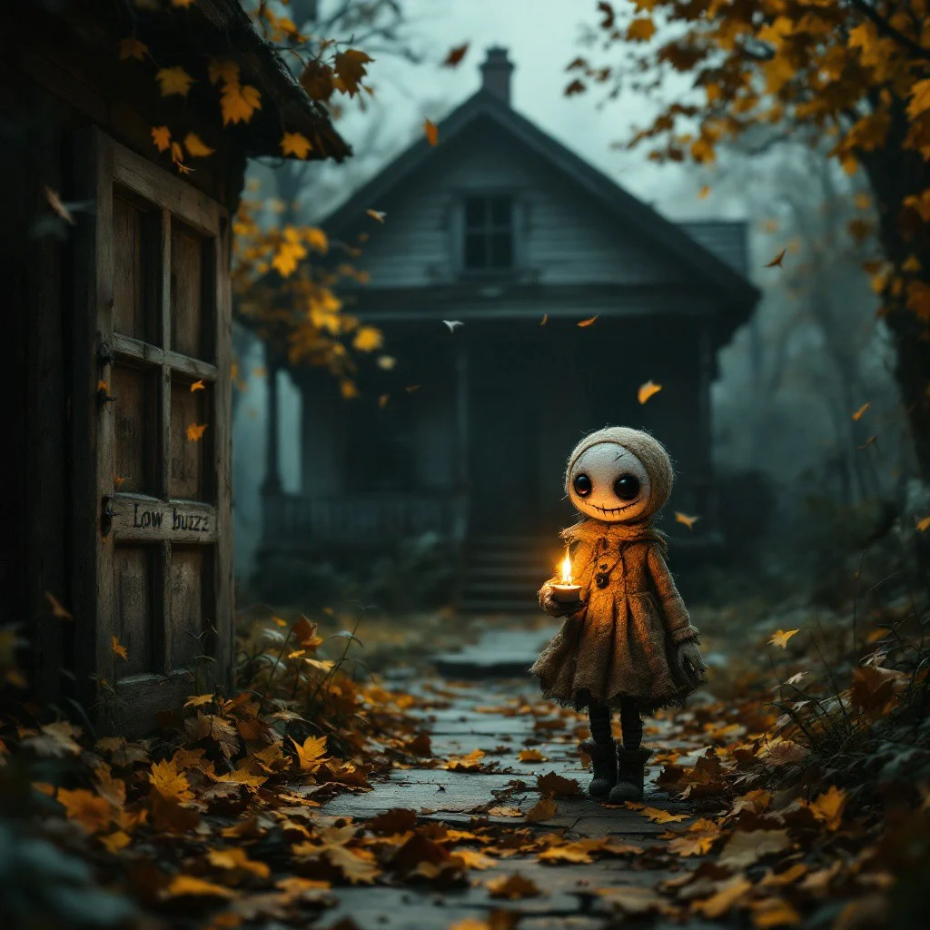 Against a mystical backdrop of swirling mist and autumn's descent into darkness, a small Austrian Burlap Doll girl with large black button eyes and head crafted from jute material and a sinister grin emerges, her gaze illuminated only by the soft, flickering glow of a candle held delicately in her hand. As she walks along the front porch of an eerie old abandoned house, leaves fall around her like golden confetti, carpeting the ground with a crunchy rustle. The atmosphere is both whimsical and unsettling, as if the very forest and the house itself holds secrets and whispers tales to this enigmatic doll. Scratched into the door are big words: "low buzz"