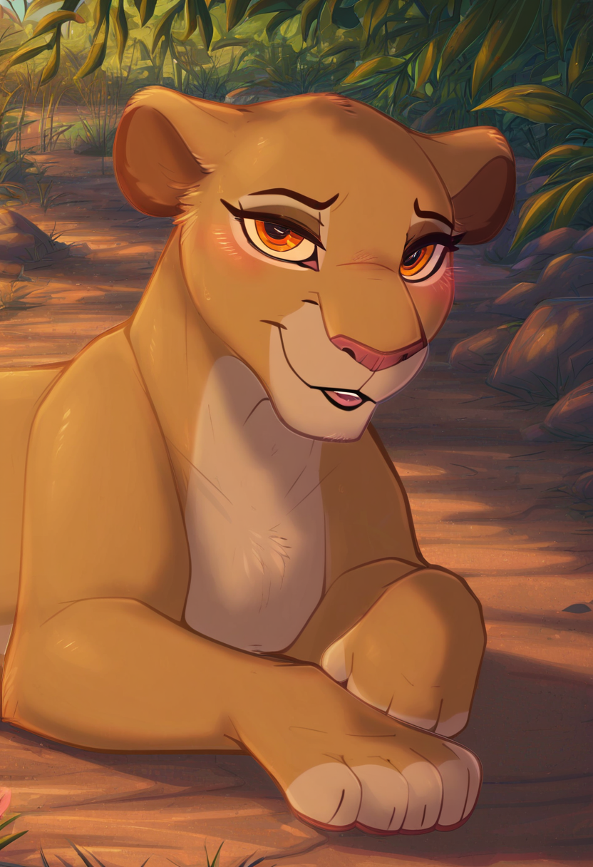zPDXL, score_9_up, score_8_up,_7_up, score_6_up, score_5_up, score_4_up ,source_furry, best quality, amazing quality, masterpiece, 1girl, looking at viewer, solo, fullbody, cute, blush, cute smile, cute pose, out doors, savanna, jungle, leafs, sand, sarabi, lioness. brown-cream fur, orange eyes, lion tail, <lora:Sarabi:0.8>, dimwitdog, <lora:dimwitdog:1>, Expressiveh, <lora:Expressive_H:0.8>, <lora:Detail_Slider_v1.4_iteration_3:4>