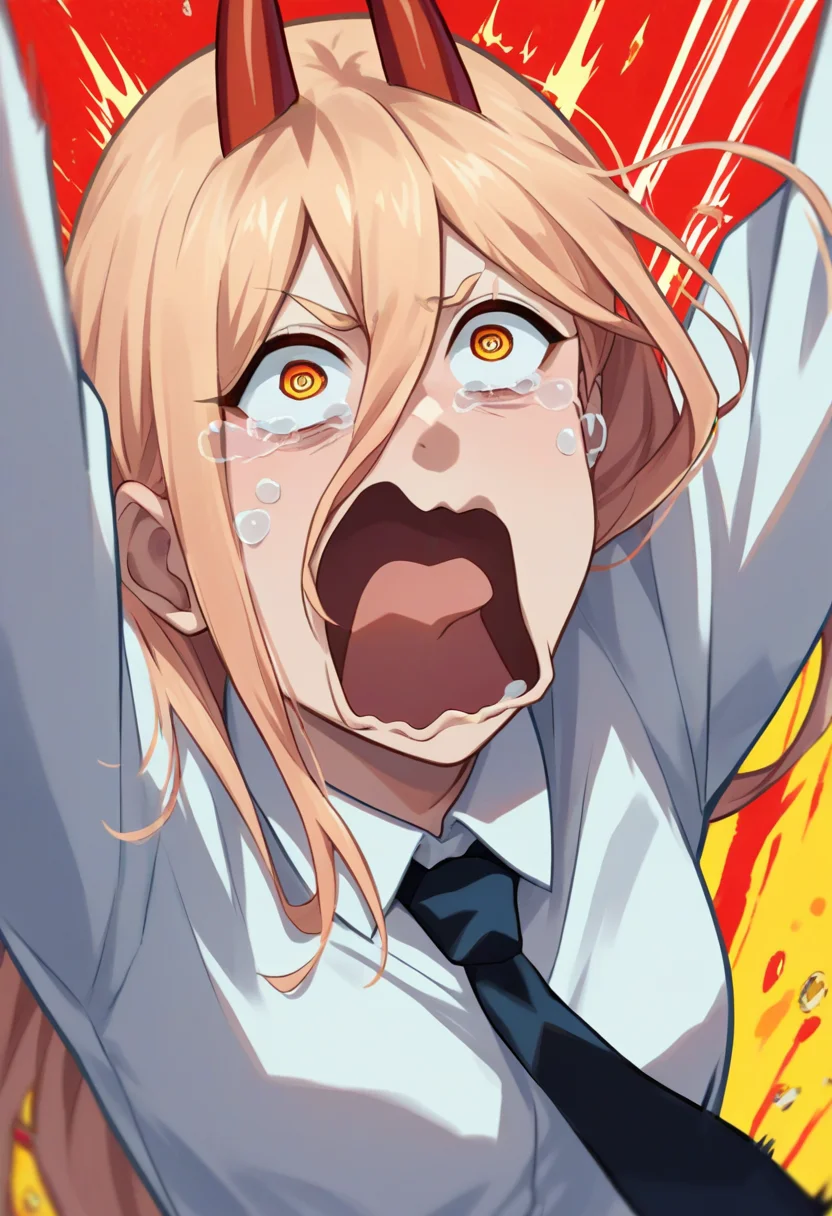 score_9, score_8_up, score_7_up, source_anime, solo, 1girl, power \(chainsaw man\), chainsaw man, aquascreaming, screaming, open mouth, crying with eyes open, blonde hair, horns, yellow eyes, cross-shaped pupils, white shirt, black necktie <lora:concept_aquascreaming_ponyXL:1>