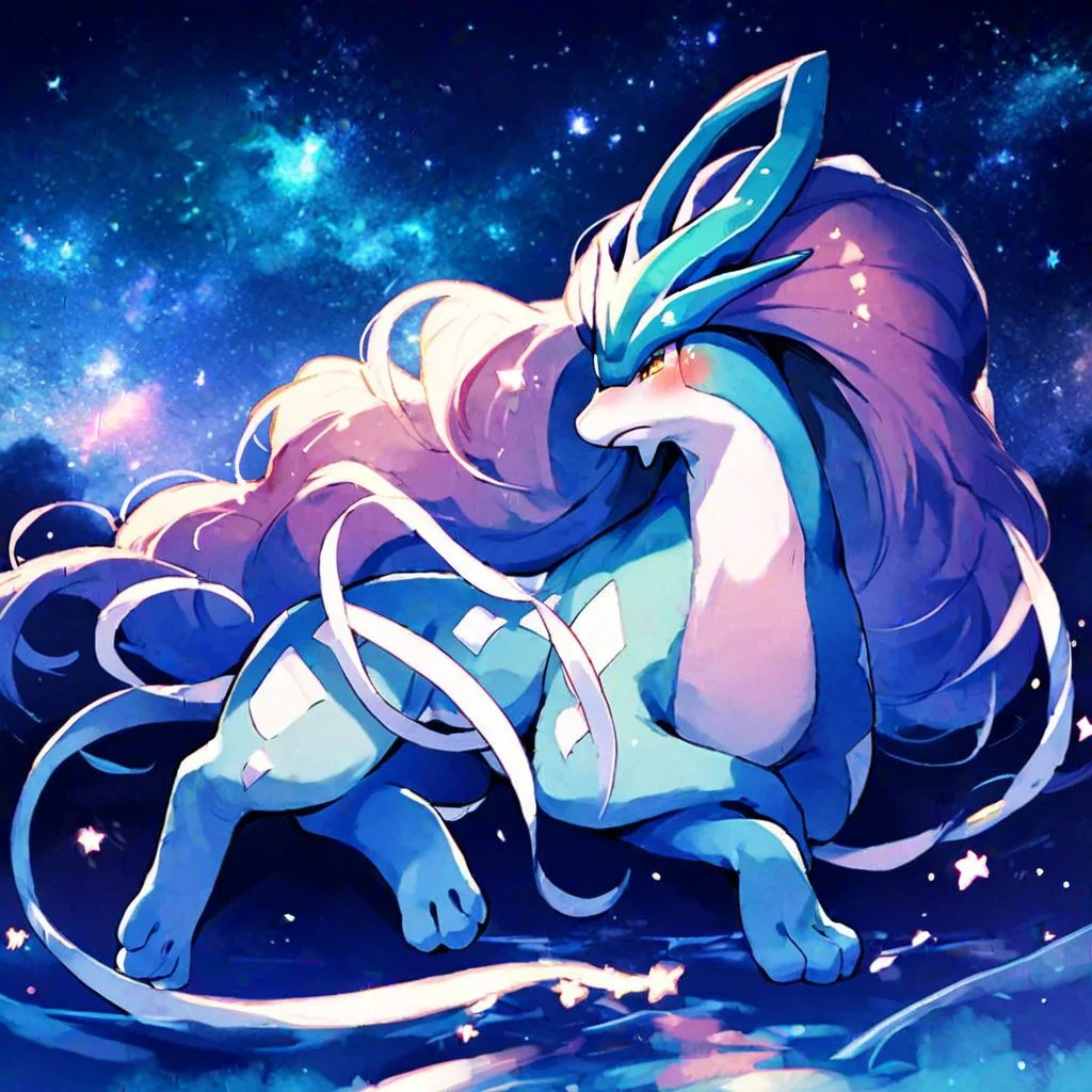 score_9, score_8_up, score_7_up, source_furry, rating_safe, suicune, suicune feral, feral, on side, blush, arms crossed, starry sky