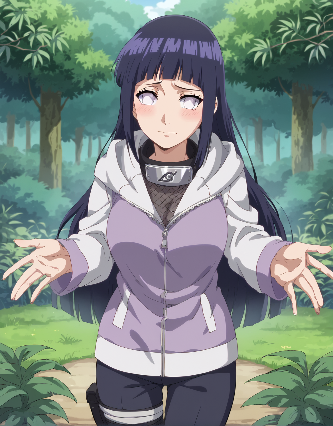 score_9,score_8_up,score_7_up, sm_an_stl, source_anime, anime screencap, anime, animification,1girl, hinata_shippu, long hair, two-tone jacket, hood down, konohagakure symbol, pants, fishnets, purple eyes, white eyes, hyper breasts, nervous, jungle background