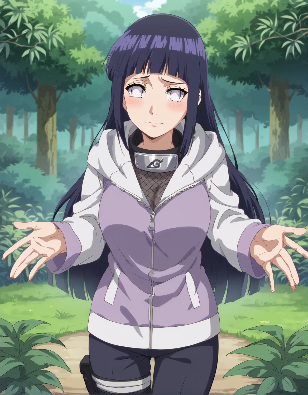 score_9,score_8_up,score_7_up, sm_an_stl, source_anime, anime screencap, anime, animification,1girl, hinata_shippu, long hair, two-tone jacket, hood down, konohagakure symbol, pants, fishnets, purple eyes, white eyes, hyper breasts, nervous, jungle background