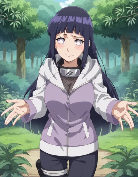 score_9,score_8_up,score_7_up, sm_an_stl, source_anime, anime screencap, anime, animification,1girl, hinata_shippu, long hair, two-tone jacket, hood down, konohagakure symbol, pants, fishnets, purple eyes, white eyes, hyper breasts, nervous, jungle background