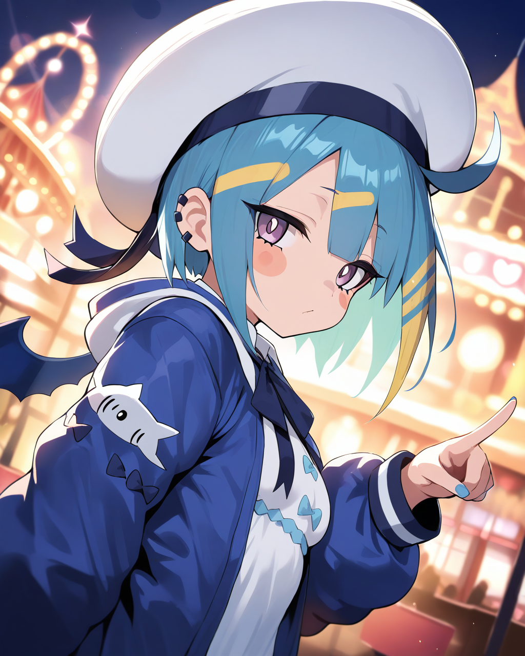 1girl,
LiveTwinLil-laYu-Gi-Oh,
sensitive, solo, dynamic angle, from side, chibi,
looking viewer, blush stickers,
dating, pointing,
sailor hat, hat ribbon, 
hooded jacket, neck ribbon, puffy sleeves,
collared dress,
breasts,
soft lighting, amusement park,
depth of field,
<lora:kp_LiveTwinLil-laYu-Gi-OhAnimagineXL_v1_1:1.0>,
masterpiece, high score, great score, absurdres