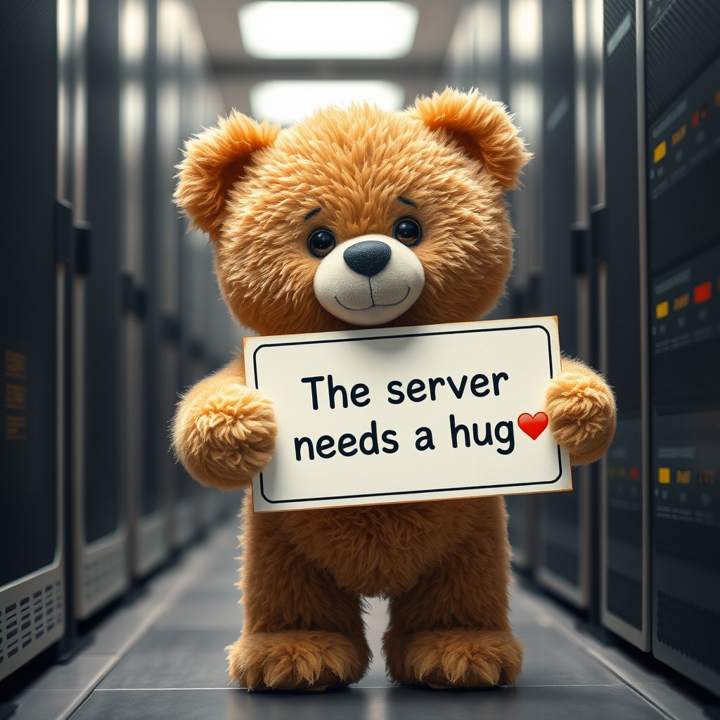 The cutest little teddy bear standing in a server room, holding a sign with the text: "The server needs a hug ❤️"
deep depth of field, photography, Natural geographic photo, Hyper-realistic, 16k resolution, (masterpiece, award winning artwork), many details, extreme detailed, full of details, Wide range of colors, high Dynamic,