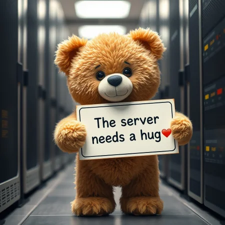 The cutest little teddy bear standing in a server room, holding a sign with the text: "The server needs a hug ❤️"
deep depth of field, photography, Natural geographic photo, Hyper-realistic, 16k resolution, (masterpiece, award winning artwork), many details, extreme detailed, full of details, Wide range of colors, high Dynamic,