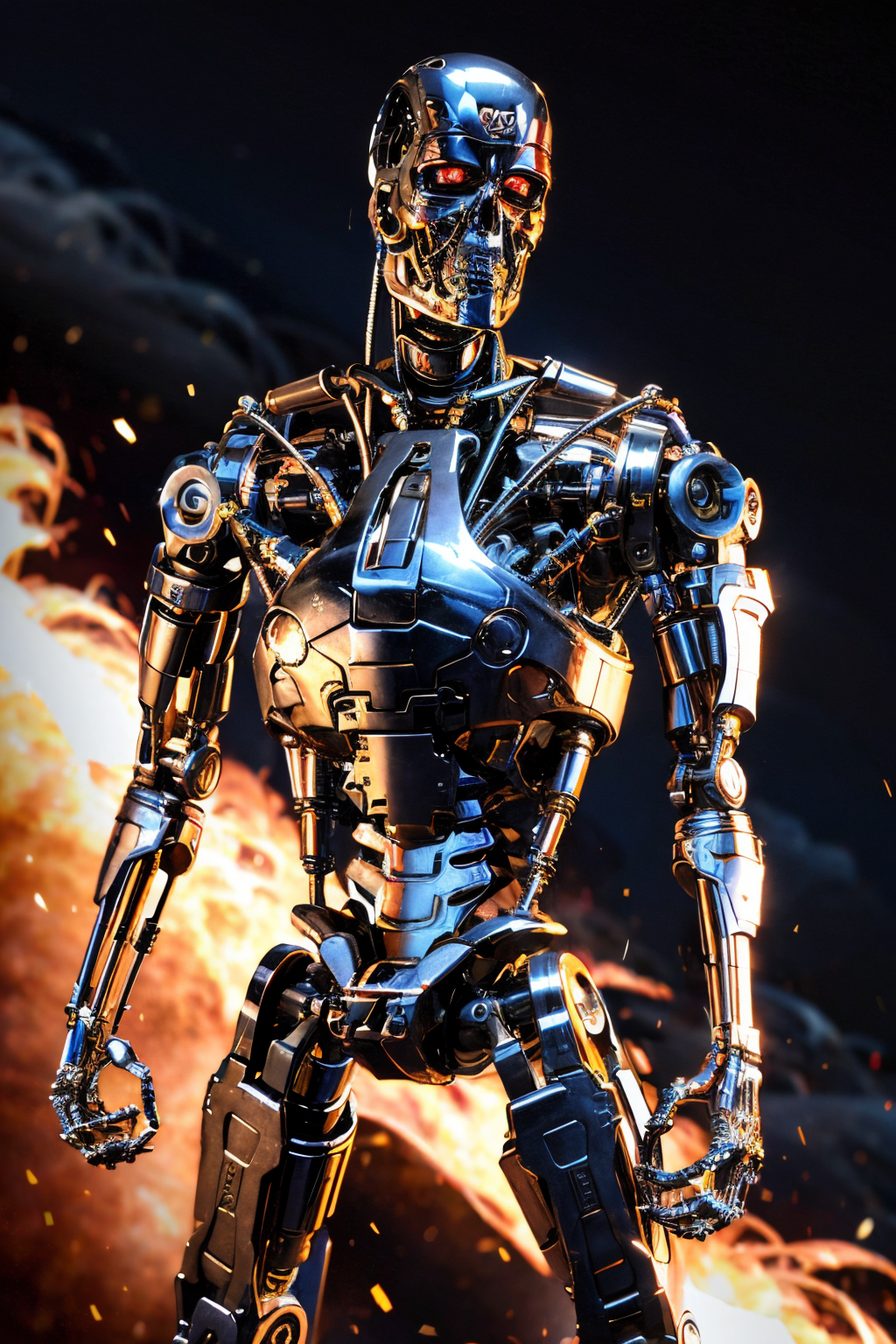 explosions in the background, night sky, (Realisitc:1.5) man terminator closeup, <lora:EdobTerminator_v1.0:0.8>