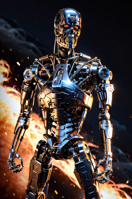 explosions in the background, night sky, (Realisitc:1.5) man terminator closeup, <lora:EdobTerminator_v1.0:0.8>