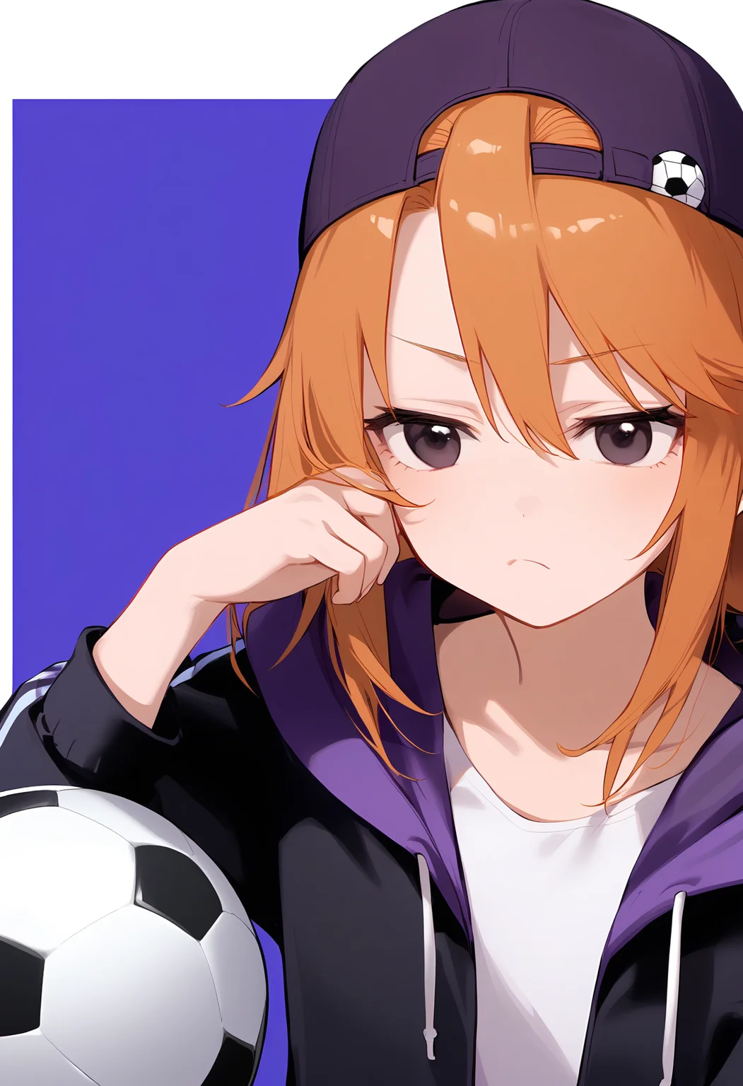 1girl,
yuuki haru,
meme, hand on own face, open clothes, backwards hat, blue background, solo, orange hair, soccer ball, hooded jacket, hand on own cheek, hood, long sleeves, black eyes, closed mouth, white border, frown, hair through headwear, open jacket, head rest, jacket, border, simple background, backwards jacket, hat, purple hat, drawstring, parody, medium hair, ball, black jacket, baseball cap, hand up, tomboy, outside border, hood down,
sfw
<lora:a31_char_new_yuuki_haru-000014:1> <lora:a31_style_koni-000010:0.8>