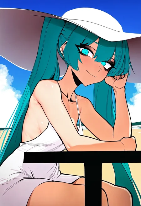 1girl, solo, jdotkdot5, sitting, hatsune_miku, smile, twintails, very long hair, aqua hair, small breasts, aqua eyes, cafe, outdoors, table, beach, sand, blue sky, arm_support, head_on_arm, sun dress, sunhat, masterpiece, best quality, newest, absurdres, highres