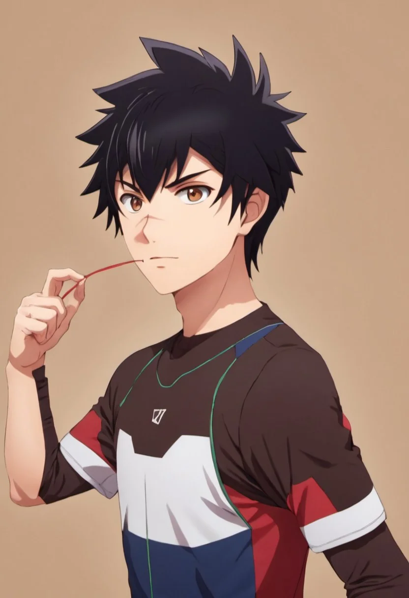 high resolution, solo, best quality, 1Boy, Kanata Hoshijima, Black hair, Brown Eyes, Holding prop, playful, interactive, engaging,