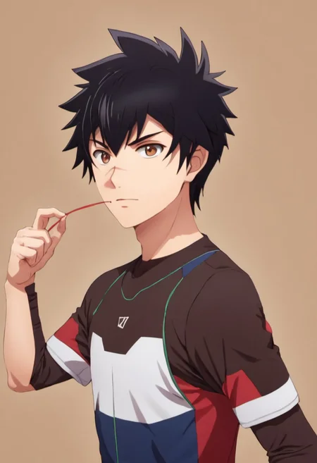 high resolution, solo, best quality, 1Boy, Kanata Hoshijima, Black hair, Brown Eyes, Holding prop, playful, interactive, engaging,
