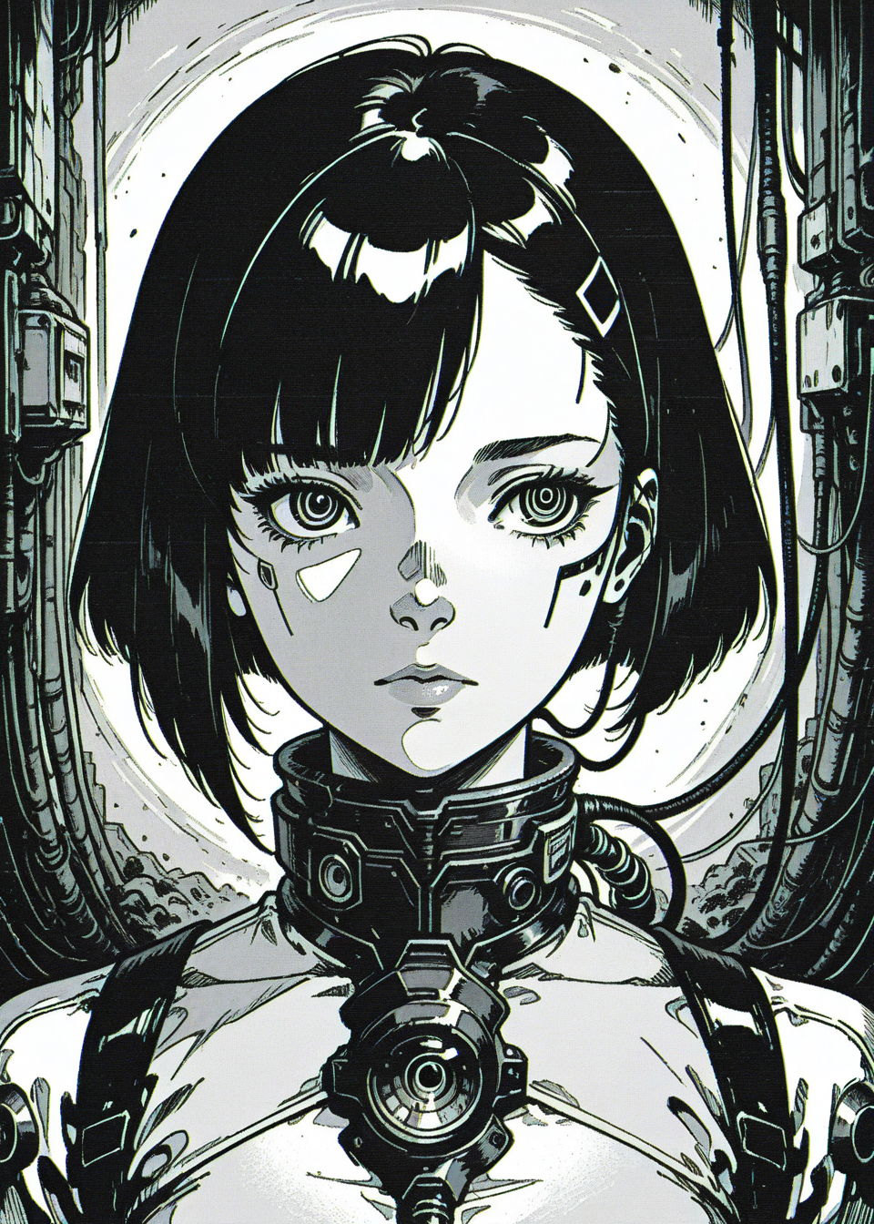 1 girl, solo, ringed eyes, cable, uneven bangs,  portrait, wolfcut hair, mechanical eyes
hatching \(texture\), sci-fi, illustration, retro,