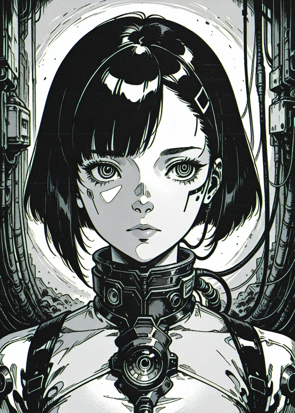 1 girl, solo, ringed eyes, cable, uneven bangs, portrait, wolfcut hair, mechanical eyes
hatching \(texture\), sci-fi, illustration, retro,