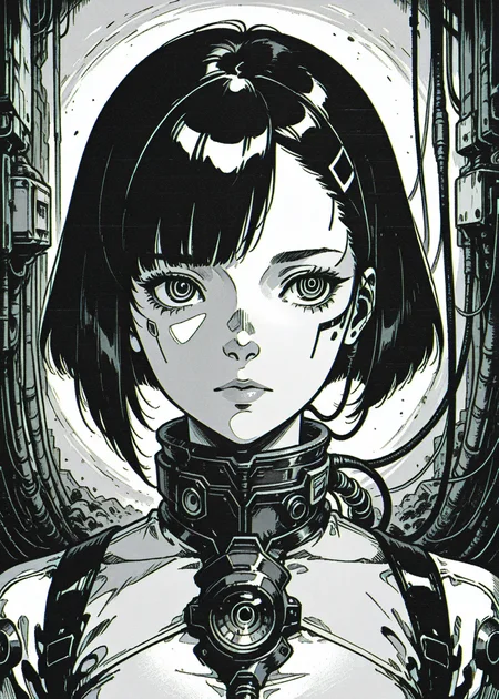 1 girl, solo, ringed eyes, cable, uneven bangs, portrait, wolfcut hair, mechanical eyes
hatching \(texture\), sci-fi, illustration, retro,