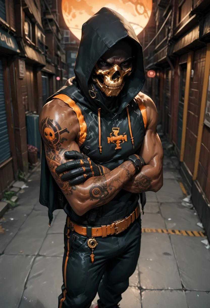 score_9, score_8_up, score_7_up, score_6_up, score_5_up, score_4_up,
detailed_eye_model, black sclera, purple eyes, mask, mouth mask, skull mask, 1man, solo, dark skin, sleeveless, crossed arms, folded arms, annoyed expression, tattoos on arms, looking away, facing away from viewer, body facing the left, humb3rt0, bird-eye view, high-angle view, orange stripes on clothings, side view, gold belt, black pants with gold stripes, golden sun symbols on clothings, sun symbols, exposed arms, sleeveless, rear view, full body, big thighs,
warm deep brown skin tone, detailed tribal tattoos on chest and arms, he wears a dark hooded cloak made of heavy textured fabric with a matte finish and primarily black with a thin orange trim along the edges, hoodie open to reveal his torso, tight-fitting black pants made of a durable leather-like material with subtle orange accents along the seams and pockets, his face is partially covered by a futuristic black mask with a glossy finish and orange patterns, the character stands with his arms crossed, exuding confidence, accessories include a black tactical belt with various pouches, black gloves with a high-tech design,
position him in a futuristic cyberpunk alleyway at night, with neon lights reflecting off the wet ground, feet out of frame,