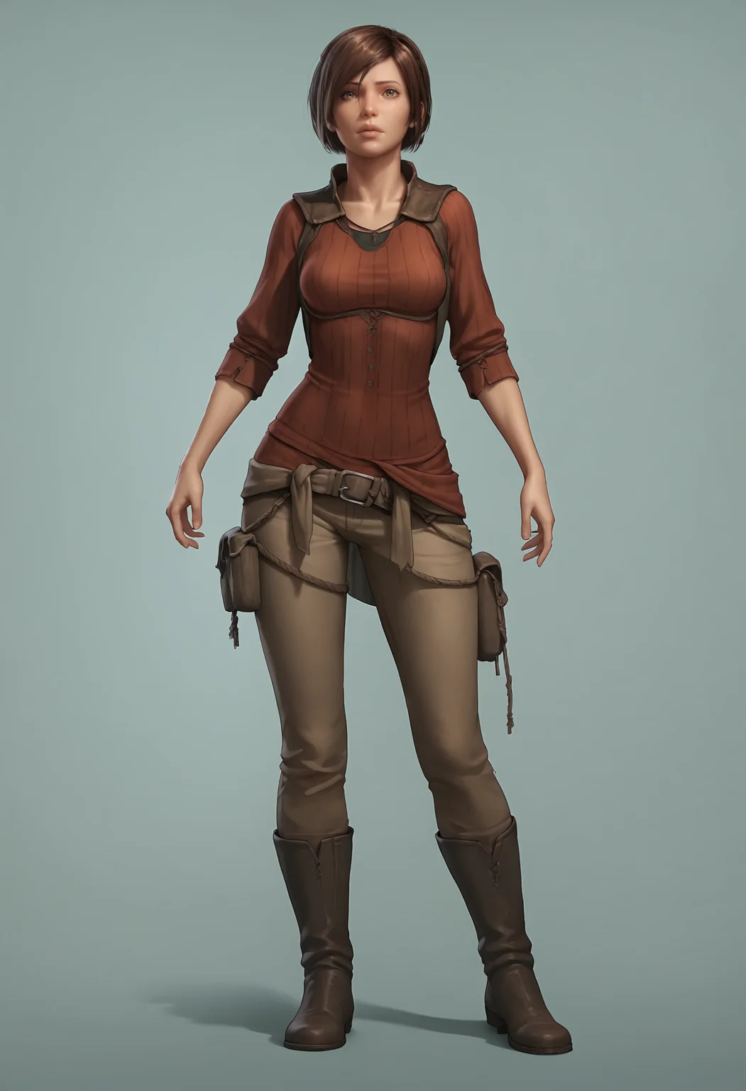 score_9, score_8_up, score_7_up, score_6_up, score_5_up, score_4_up, 1girl, <lora:LeahD3:0.85>, solo, breasts, brown hair, short hair, lips, brown eyes, shirt, pants, boots, full body, standing,
(light blue background), simple background,