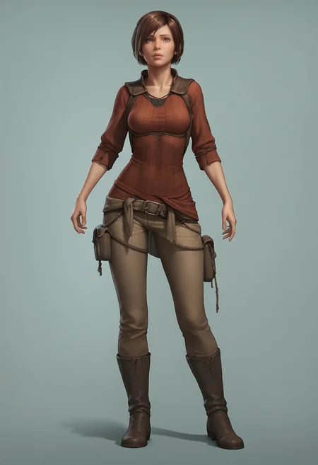 score_9, score_8_up, score_7_up, score_6_up, score_5_up, score_4_up, 1girl, <lora:LeahD3:0.85>, solo, breasts, brown hair, short hair, lips, brown eyes, shirt, pants, boots, full body, standing,
(light blue background), simple background,