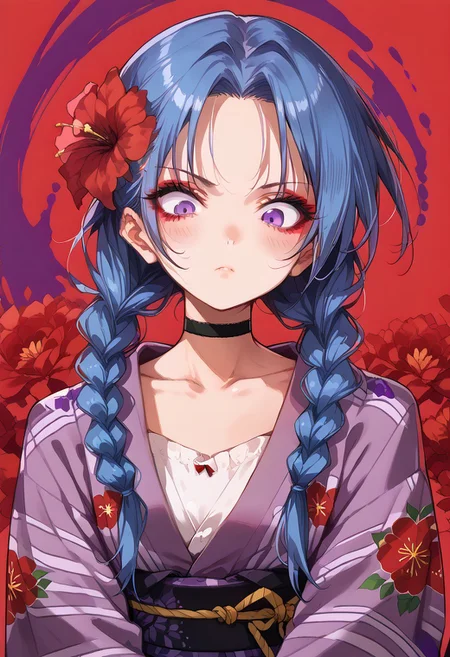 anime artwork, score_9, score_8_up, score_7_up, score_6_up, score_5_up, 1girl, LP_jinx, blue hair, twin braids, long hair, bright purple eyes, confused face, blush, small breasts, flat chest, ((simple black choker, purple yukata, red flower pattern on yukata)), portrait, small collarbone, simple background, abstract background, makeup, emotional