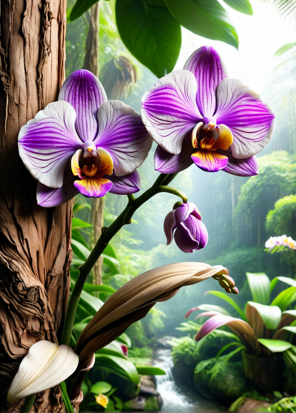 An ais-rghhwn orchid with petals like crumpled silk, its delicate beauty contrasting with a gnarled tree trunk <lora:ais-rghhwn-sdxl:1.1>