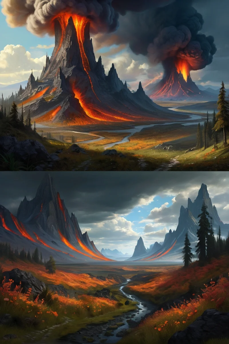 volcanic ash forest with lava streams, petrified time capsules where fossilized weather events cast ancient shadows, studied by pollen-forensic butterfly scientists, cinematic view, epic sky, detailed, concept art, low angle, high detail, warm lighting, volumetric, godrays, vivid, beautiful, trending on artstation, by jordan grimmer, huge scene, grass, art greg rutkowski,
<lora:detailed_notrigger:0.7>, <lora:add-detail-xl:0.3>, oil painting art style from Renaissance period, masterful composition, Renaissance mood, renaissance oil painting, brush strokes, Baroque art style, dynamic composition, dramatic lighting, rich colors, intricate details, professional-grade execution, captures the grandeur and theatricality of the Baroque period