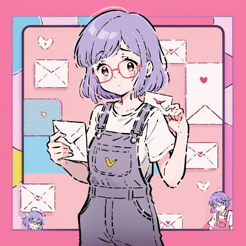 The image depicts a cartoon-style character with purple hair. The character is wearing a white top that prominently features the letter "A". A colorful backdrop, possibly pink and framed, surrounds the character, enhancing the overall whimsy and anime-like aesthetic of the illustration. <lora:tw_hgame:0.75>