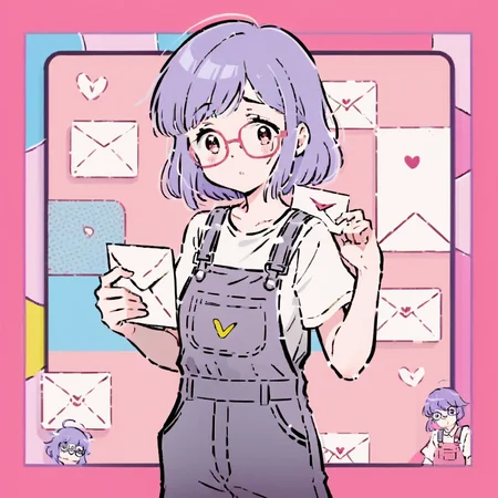 The image depicts a cartoon-style character with purple hair. The character is wearing a white top that prominently features the letter "A". A colorful backdrop, possibly pink and framed, surrounds the character, enhancing the overall whimsy and anime-like aesthetic of the illustration. <lora:tw_hgame:0.75>