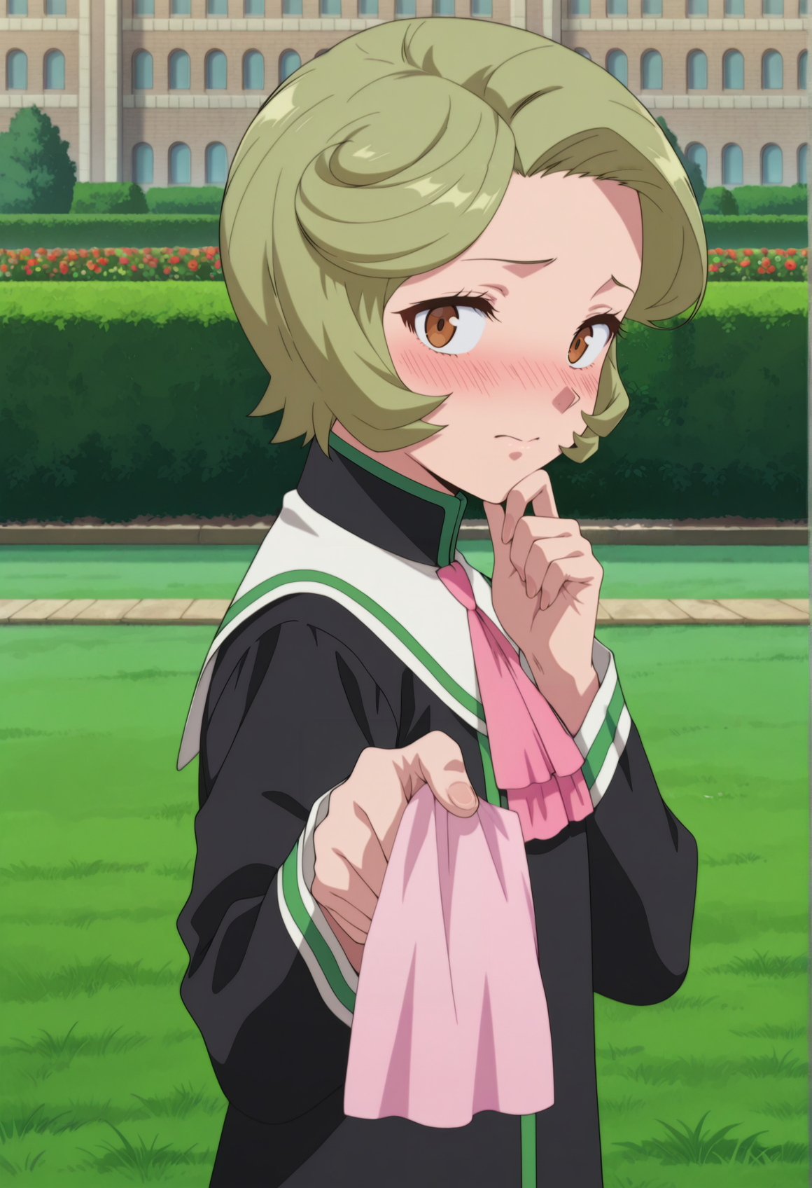 anime screenshot, anime screencap, anime coloring, 1girl, green hair, short hair, brown eyes, black tunic, white collar, pink ascot, outdoors, garden, clenchen hand, hand to chin, looking at viewer, embarrassed, from side, reaching towards viewer, holding handkerchief,  <lora:lapis_seikishi:1>, masterpiece, best quality, amazing quality, very aesthetic, absurdres, highres, newest