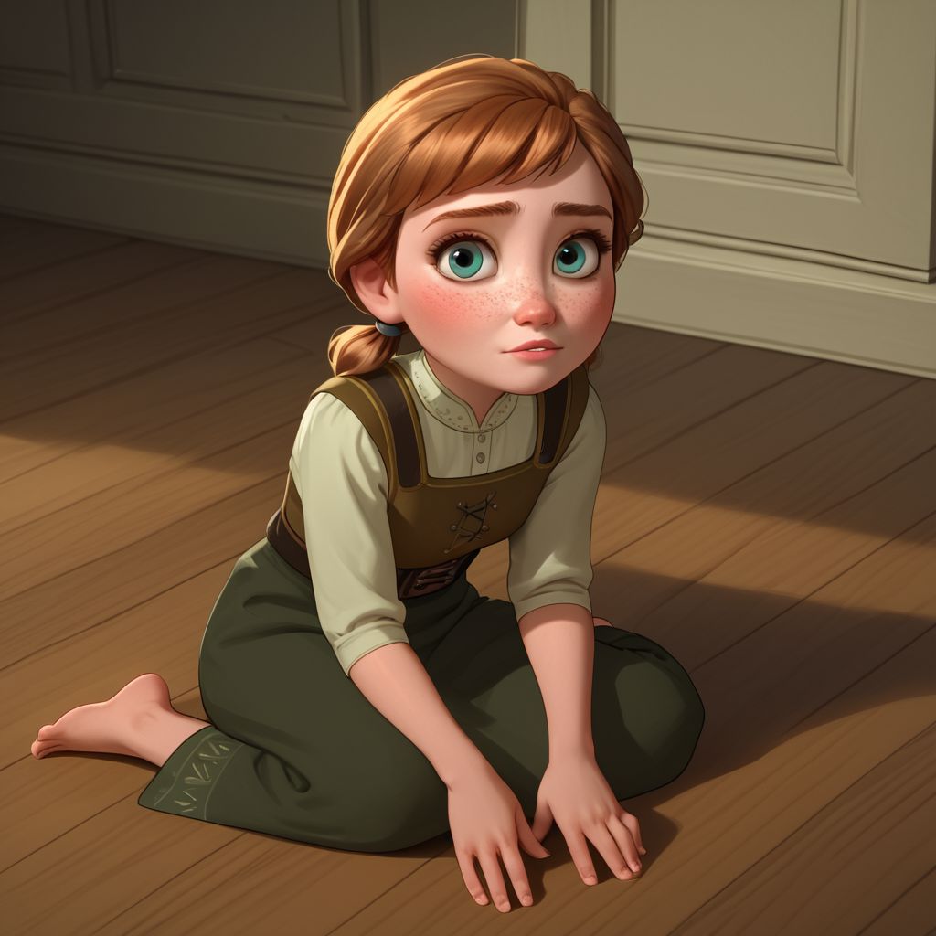 score_9, score_8_up, score_7_up, score_6_up, score_5_up, score_4_up, Anna, freckles, sitting on the floor, barefoot, looking up at viewer