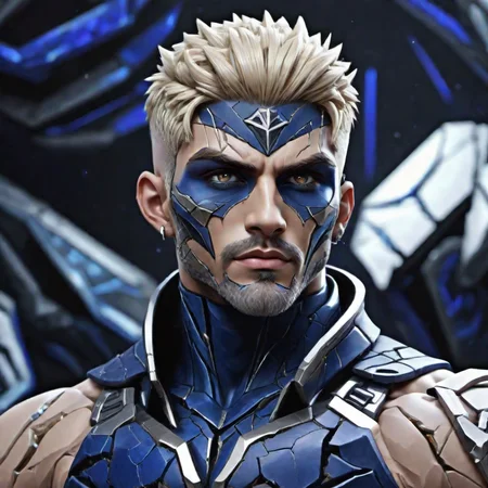 hyper detailed masterpiece, dynamic, awesome quality,DonMFr4ck7ur3dUnd3rw0rldXL male young adult well-proportioned, maori, amber eyes, gauged ears, u-shaped chin, v-shaped jaw, unique cheeks, diamond face shape with angular cheeks, tailback beard , platinum blonde undercut hair, pride wearing royal blue ombre denim shorts, muscle tank, ,cross , arms crossed, displaying assertiveness <lora:DonMFr4ck7ur3dUnd3rw0rldXL-000006:1>