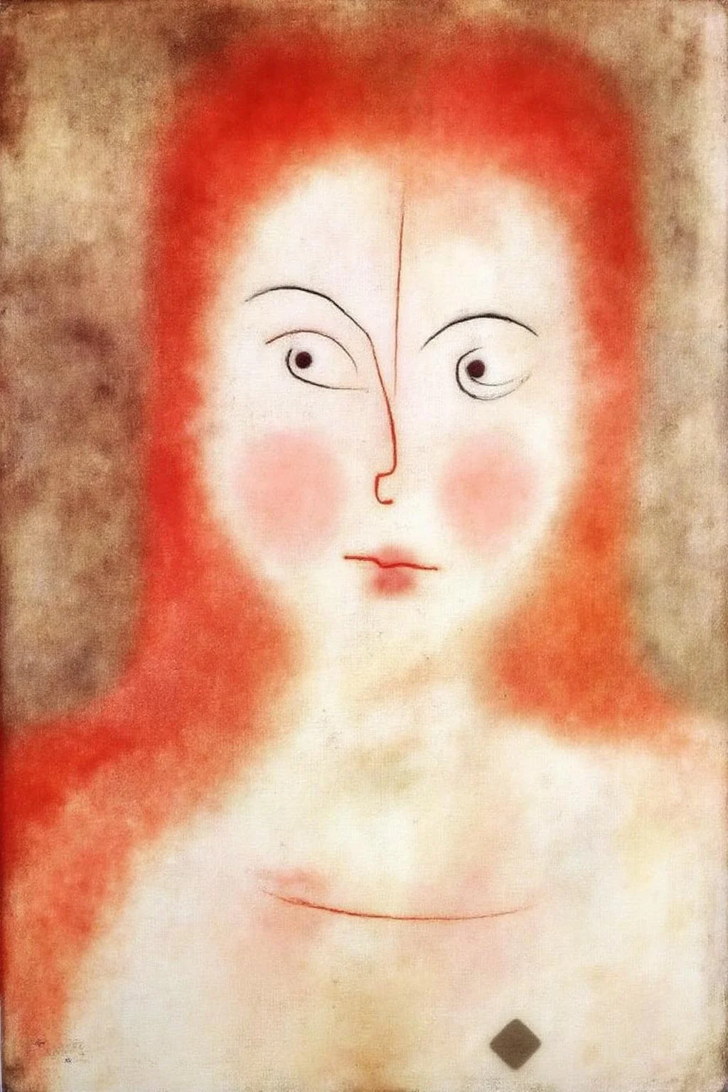 paulklee1 painting.
A face with a minimalist design. The face is depicted with an elongated profile, characterized by a subtle, curved nose and a small, indistinct mouth. The figure's long red hair blends into the background.
<lora:paulklee1_cap_d8a4e12:1.0><lora:839870963706379779:0>