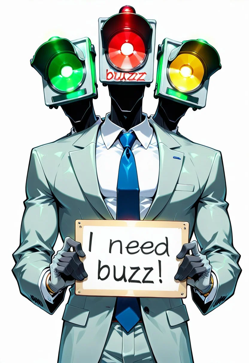 humanoid, male, traffic face, no mouth, (((black skin, blue tie, grey suits))), glowing traffic face, (((Traffic light as face, Detailed traffic light as head, 3 head:1.4)), red yellow green traffic, grey gloves, fingers,
masterpiece, best quality, amazing quality, 8k, face focus, face only, looking at viewer, holding sign with text "need buzz", buzz