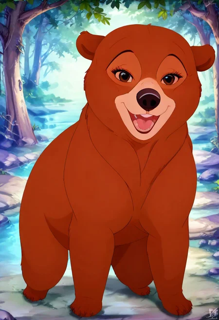 Bear, cartoon, female, Nita, Disney, 2d, detailed forest background, bipedal, full body, <lora:J_cartoon:0.7>, j_cartoon, <lora:MeekoXL:0.9>, Disney, score_9, score_8_up, score_8, solo, (feral), detailed fur, ((happy expression)), ((looking at viewer seductively:1.6)), breathtaking, environmental lighting, professional, highly detailed, ((detailed shaders)), beautiful, high quality, night-time, outdoors, dark forest, <lora:Furtastic_Detailer:1>