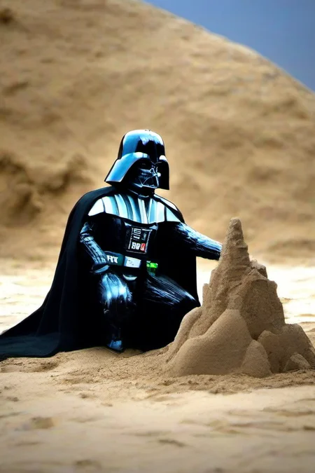 Masterpice,High Quality,
 <lora:PE_DarthVader:0.8> PEDarthVader
kneeling in sand,building a sandcastle