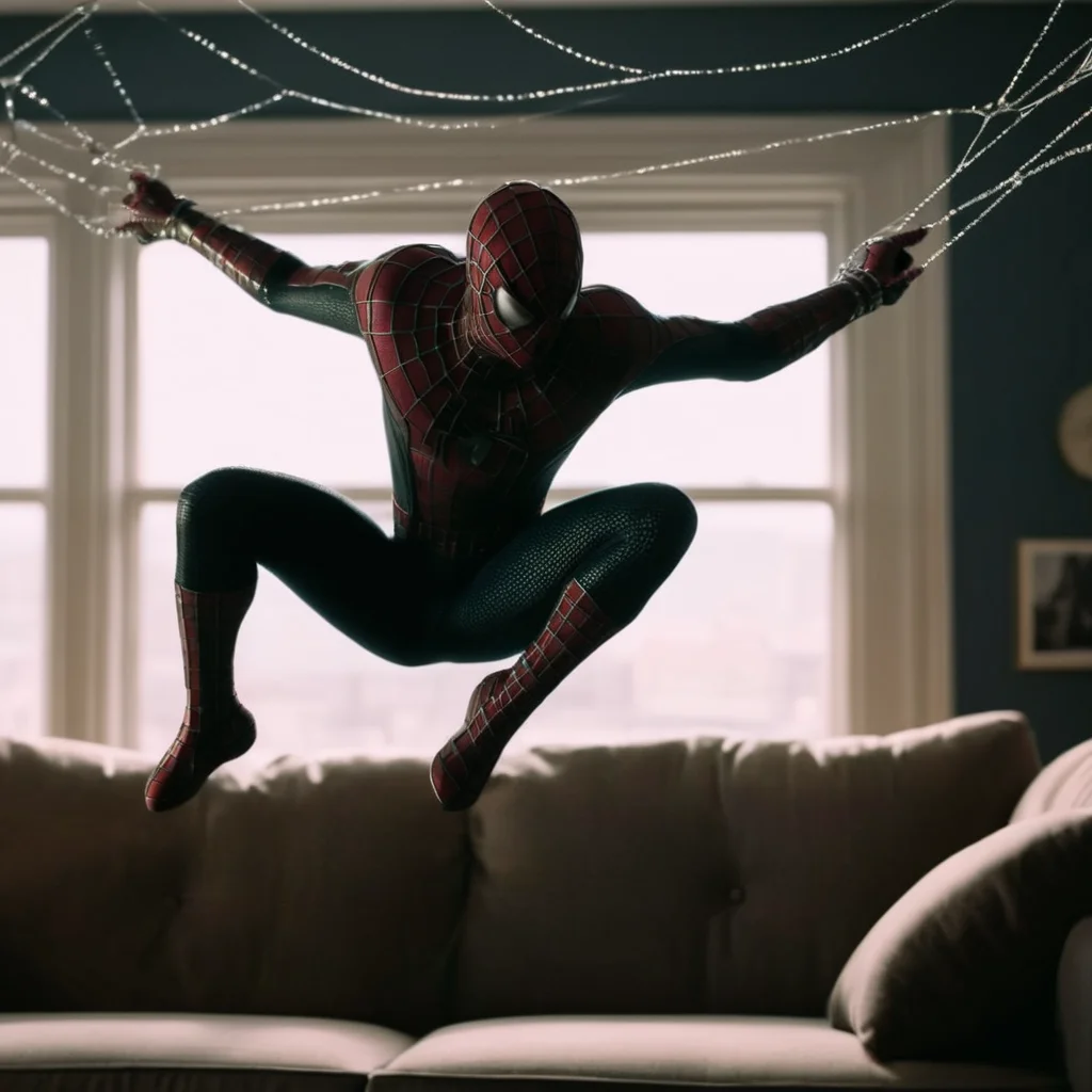 cinematic film still of <lora:Spider-Man:1.2>
Spider-Man a spider man is posed web-swinging on a couch, shallow depth of field, vignette, highly detailed, high budget, bokeh, cinemascope, moody, epic, gorgeous, film grain, grainy