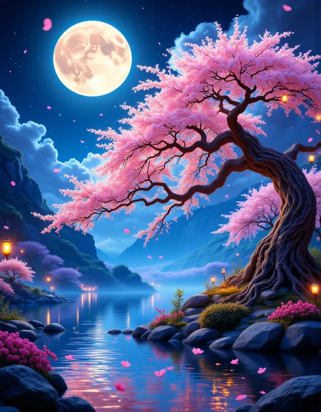 A breathtaking fantasy landscape illuminated by a full moon, its radiant glow casting a soft ethereal light across the scene. Surrounding the moon, delicate pink cherry blossoms drift gently in the night breeze, their petals glowing faintly as they descend. An ancient Japanese-style bonsai tree stands proudly in the foreground, its curved branches elegantly reaching toward the sky. Tiny luminescent orbs, resembling fireflies, pulse with golden light along the textured bark, creating an enchanting, mystical aura.
Below, the waterâs surface reflects the moonâs brilliance, rippling gently as neon-tinted hues dance across the mirrored landscape. The surrounding environment is bathed in vibrant blues, purples, and soft pinks, blending together to create a surreal and dreamy atmosphere. Wisps of mist rise from the ground, swirling with an otherworldly glow, enhancing the sceneâs magical realism.
The background extends into a neon-lit fantasy world, with softly illuminated floating lanterns and faint shimmering lights in the distance. Every detail is rendered in ultra-high resolution, with hyper-realistic textures and cinematic lighting emphasizing the depth and grandeur of the composition. A masterpiece of fantasy realism, blending dreamlike beauty with intricate natural elegance.
<lora:aidmaMJ6.1_v0.5_3:0.4> aidmamj6.1 <lora:DreamArtFlux:0.15> DreamArt <lora:aidmaMJ6.1v0.4:0.4> aidmaMJ6.1 <lora:FluxMythR3alisticF:0.2> R3alisticF <lora:FluxDFaeTasticDetails:0.15> <lora:aidmaFLUXpro1.1light-FLUX-V0.1:0.4> aidmafluxpro1.1
