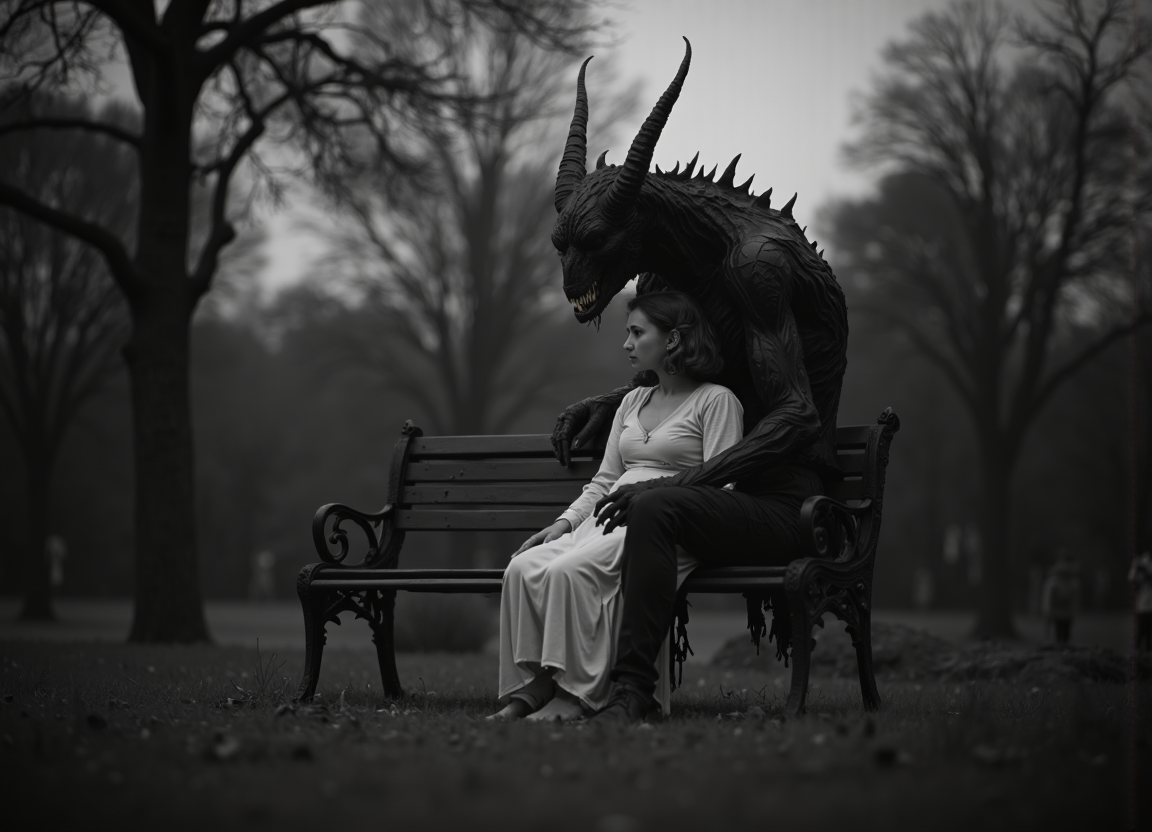 a young woman sitting outside on a park bench with a demon sitting next to her, they are holding hands, the young woman has her head resting on the demons shoulder, vintage photography, d34thd3m0n