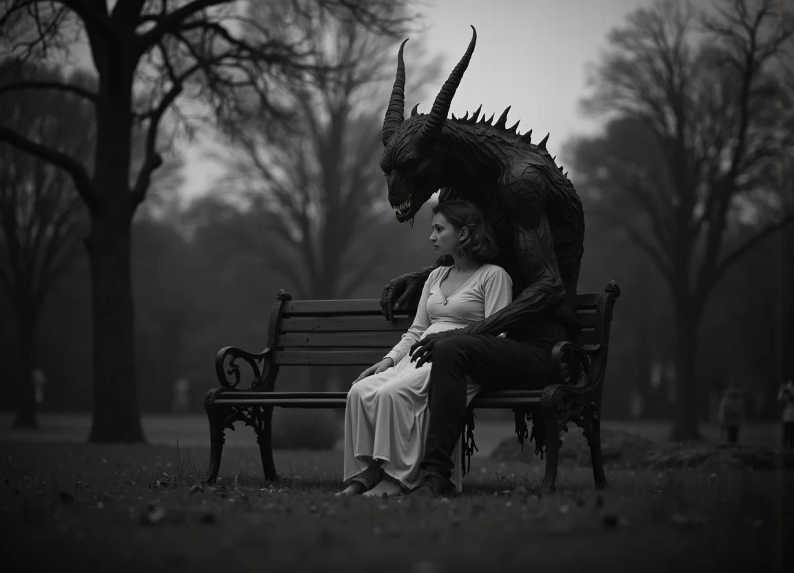 a young woman sitting outside on a park bench with a demon sitting next to her, they are holding hands, the young woman has her head resting on the demons shoulder, vintage photography, d34thd3m0n