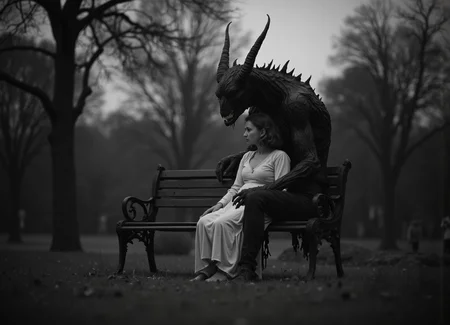 a young woman sitting outside on a park bench with a demon sitting next to her, they are holding hands, the young woman has her head resting on the demons shoulder, vintage photography, d34thd3m0n