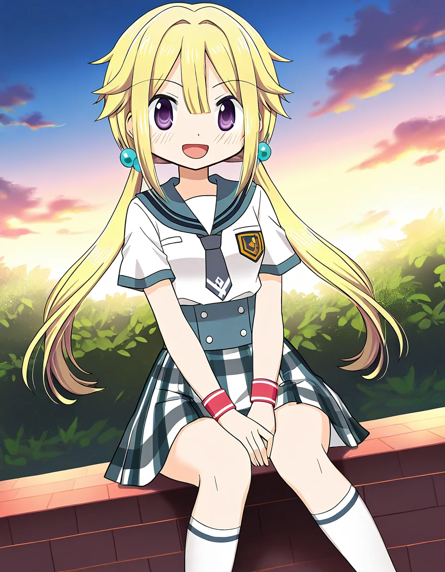 masterpiece, best quality, newest, absurdres, highres, safe, 1girl, mitsuki felicia \(school uniform\), magia record: mahou shoujo madoka magica gaiden, red wristband, solo, sitting, open mouth, outdoors, dutch angle, <lora:mitsuki_felicia_noobaiXLNAIXL_vPred10Version:0.7>