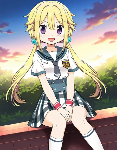 masterpiece, best quality, newest, absurdres, highres, safe, 1girl, mitsuki felicia \(school uniform\), magia record: mahou shoujo madoka magica gaiden, red wristband, solo, sitting, open mouth, outdoors, dutch angle, <lora:mitsuki_felicia_noobaiXLNAIXL_vPred10Version:0.7>