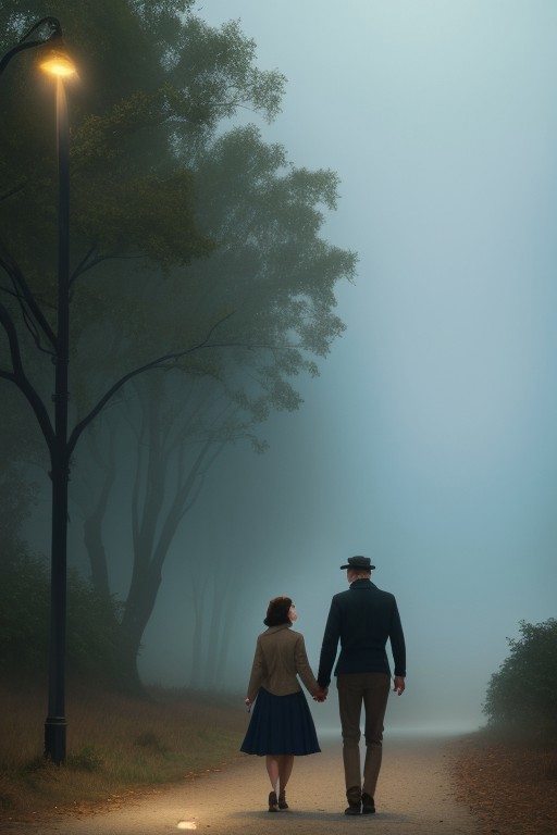 (ultra high res:1.4), (masterpiece), (beautiful lighting:1.4) , raw movie poster, (masterpiece, best quality:1.5), 50s old noir cinema; masterpiece, extremely detailed, a moody candid image of a couple walking hand in hand through a foggy park, the mist and muted colors create a sense of isolation and quiet intimacy, realistic, HD, retro film, film grain, OverallDetailXL