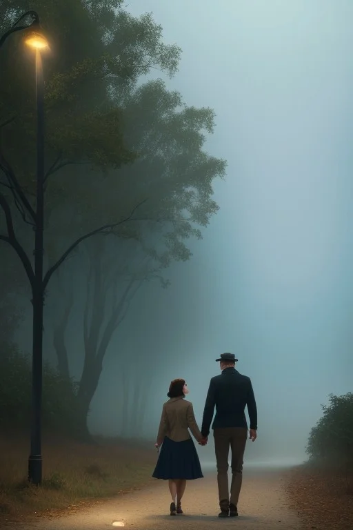(ultra high res:1.4), (masterpiece), (beautiful lighting:1.4) , raw movie poster, (masterpiece, best quality:1.5), 50s old noir cinema; masterpiece, extremely detailed, a moody candid image of a couple walking hand in hand through a foggy park, the mist and muted colors create a sense of isolation and quiet intimacy, realistic, HD, retro film, film grain, OverallDetailXL