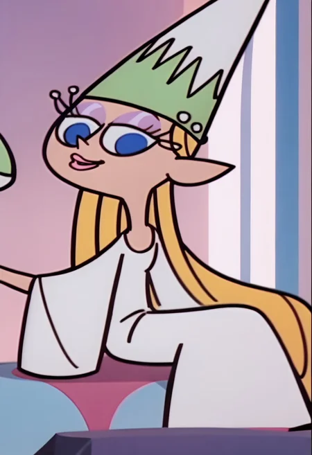 score_9, score_8_up, score_7_up BREAK QueenDD, 1girl, blonde hair, blue eyes, purple eyeshadow, pink lipstick, long-sleeved cleavaged white dress, white boots, green white princess cone hat, screenshot, official art, parody, cartoon footage, official design, screencap, cartoon screenshot, official screenshot, 2d, on model, full body, smiling at viewer, tall, pearled eyelashes,