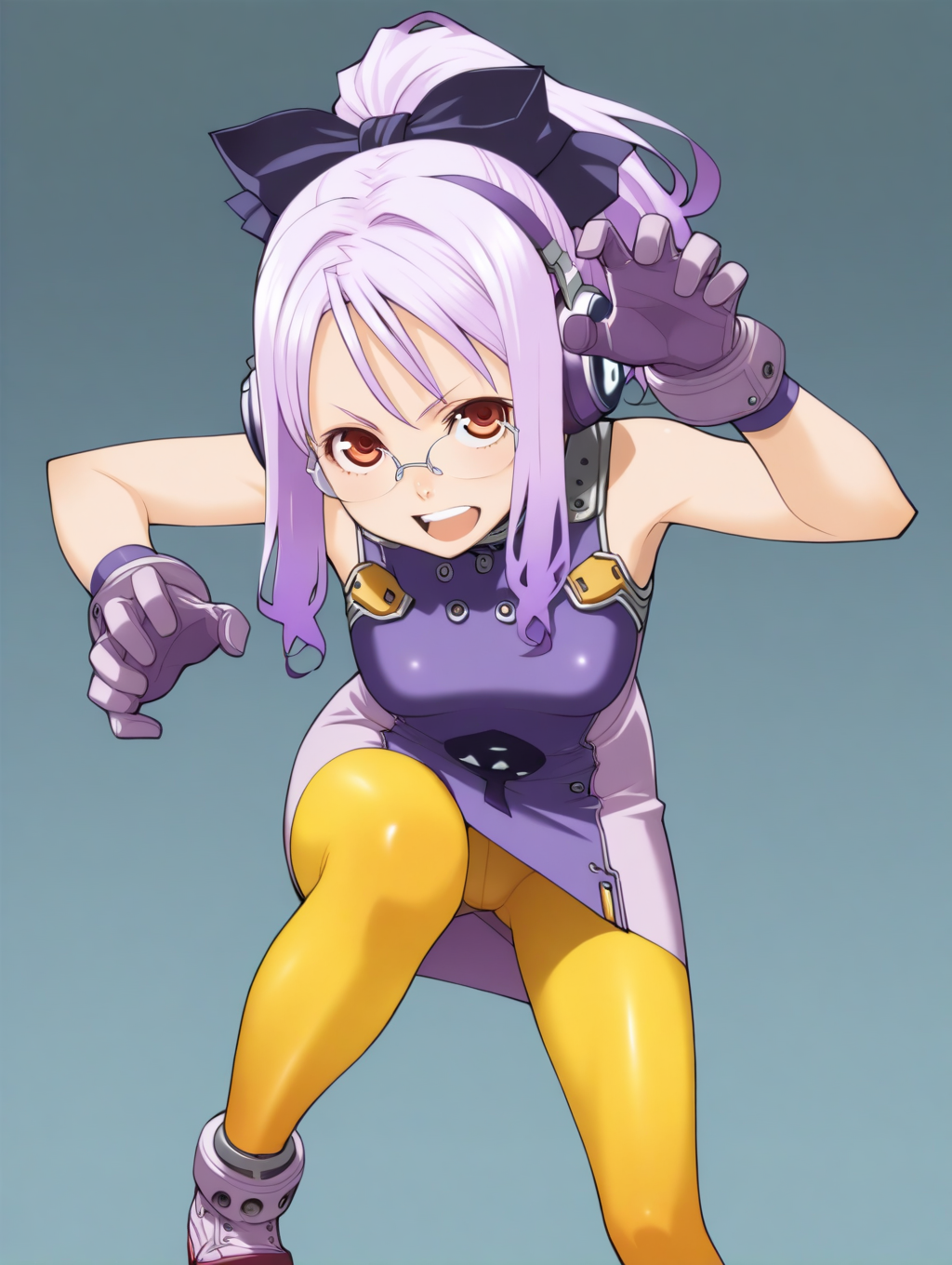 perfect quality,best quality,absolutely eye-catching,ambient occlusion,raytracing BREAK
1girl,<lora:SO4weruti IL v1.1:1>,SO4weruti,purple hair,ponytail,headphones,ribbon,glasses,red eyes,purple dress,sleeveless,gloves,yellow pantyhose,shoes,solo,, pov, looking at viewer,cowboy_shot,leaning,claw_pose,trefoil,open_stance,