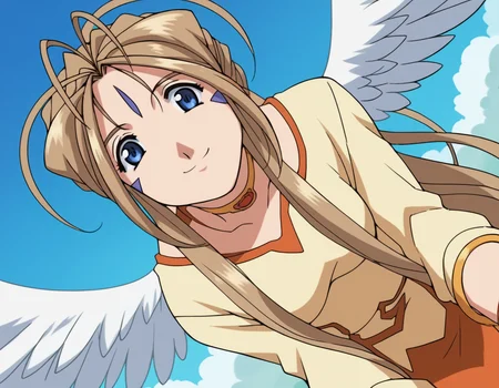 score_9, score_8_up, score_7_up, source_anime,
belldandy, <lora:belldandy-s2-ponyxl-lora-nochekaiser:1>,
belldandy, long hair, blue eyes, brown hair, facial mark, forehead mark,
gloves, wings, choker, fingerless gloves, bracelet, ring, feathers, angel wings,
sky, blue sky, clouds, bent over, smile,
cowboy shot, solo, dutch angle, looking at viewer,