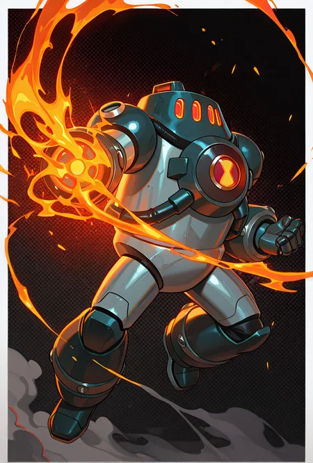 <lora:nrg-06:1> nrg, solo, robot, no humans, armor, red eyes, 3 eyes, dynamic pose, shooting fire, full body, smoke, lava leaking out,, masterpiece, best quality, amazing quality, very aesthetic, absurdres, newest,, upper body, halftone effect, white borders, abstract background:1.2,