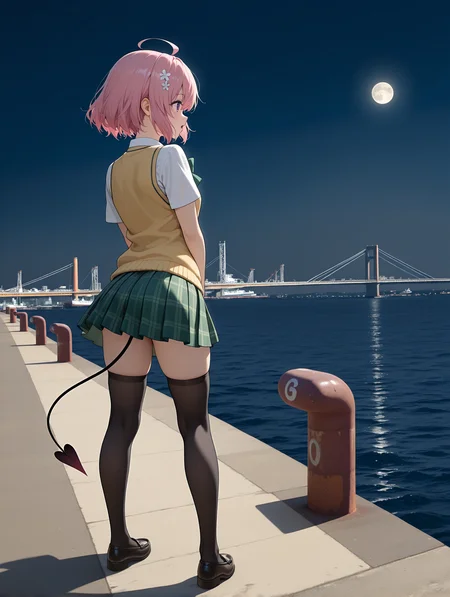 masterpiece,best quality,newest,
1girl,solo,
<lora:solas_ilxl_v1:1>,w_h,bollard,ocean,ships,bridge,night view,
<lora:Fixhands_anime_bdsqlsz_V1:1>,<lora:momo_ilxl_v1.8:1>,momo,pink hair,purple eyes,short hair,h_o,hair ornaments,m_clothes,short sleeve blouse,yellow vest,green bowtie,green plaid skirt,demon tail,black_thighhighs,loafers,
wide-angle lens shot,full body shot,wide_shot,long_shot,from behind,standing,profile,looking ahead,moon,