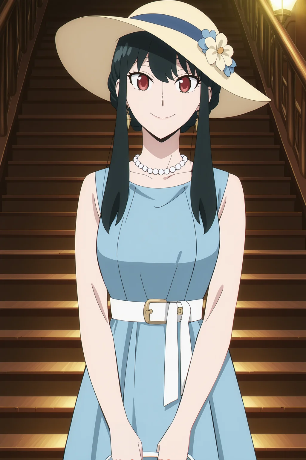 anime screencap, anime coloring, detailed face, masterpiece, best quality, very aesthetic, absurdres, volumetric lighting, official style, amazing quality, ultra detailed,  highres, amazing quality, scenery, beautiful detailed hair, beautiful detailed eyes, detailed fingers,
 <lora:All_of_Yor_ForgerBriars_outfits_Spy_x_Family:.9>
Yor blue dress with hat (outfit), Yor Forger (character), 1girl, dark blue dress, yor briar, hat, black hair, red eyes, stairs, black hair, bag, holding bag, jewelry, looking at the viewer, smile, sun hat, pearl necklace, yellow hat flower with blue ribbon, white  belt, sleeveless, sleeveless dress woi