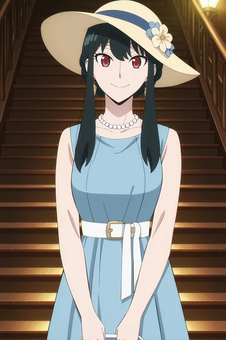 anime screencap, anime coloring, detailed face, masterpiece, best quality, very aesthetic, absurdres, volumetric lighting, official style, amazing quality, ultra detailed, highres, amazing quality, scenery, beautiful detailed hair, beautiful detailed eyes, detailed fingers,
<lora:All_of_Yor_ForgerBriars_outfits_Spy_x_Family:.9>
Yor blue dress with hat (outfit), Yor Forger (character), 1girl, dark blue dress, yor briar, hat, black hair, red eyes, stairs, black hair, bag, holding bag, jewelry, looking at the viewer, smile, sun hat, pearl necklace, yellow hat flower with blue ribbon, white belt, sleeveless, sleeveless dress woi